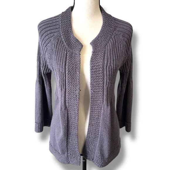 Chico's Metallic Bell Sleeve Knit Hook & Eye Cardigan Sweater Blue Size 1 Medium - Picture 1 of 9